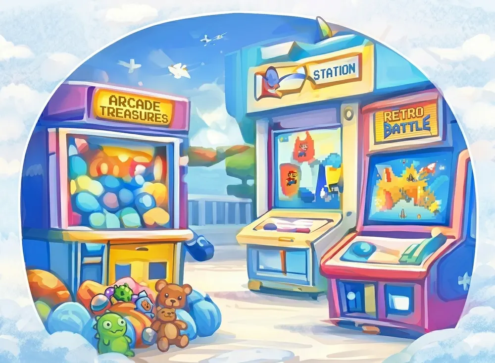 Arcade machines floating in the clouds