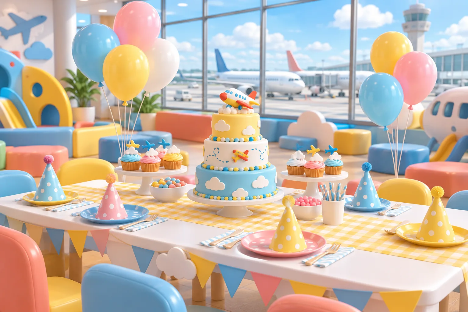 A kids’ birthday party table with an airplane cake, balloons and party hats in a bright airport lounge