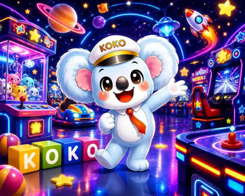 Captain Koko in Koko’s Arcade Galaxy surrounded by neon arcade games, planets and rockets