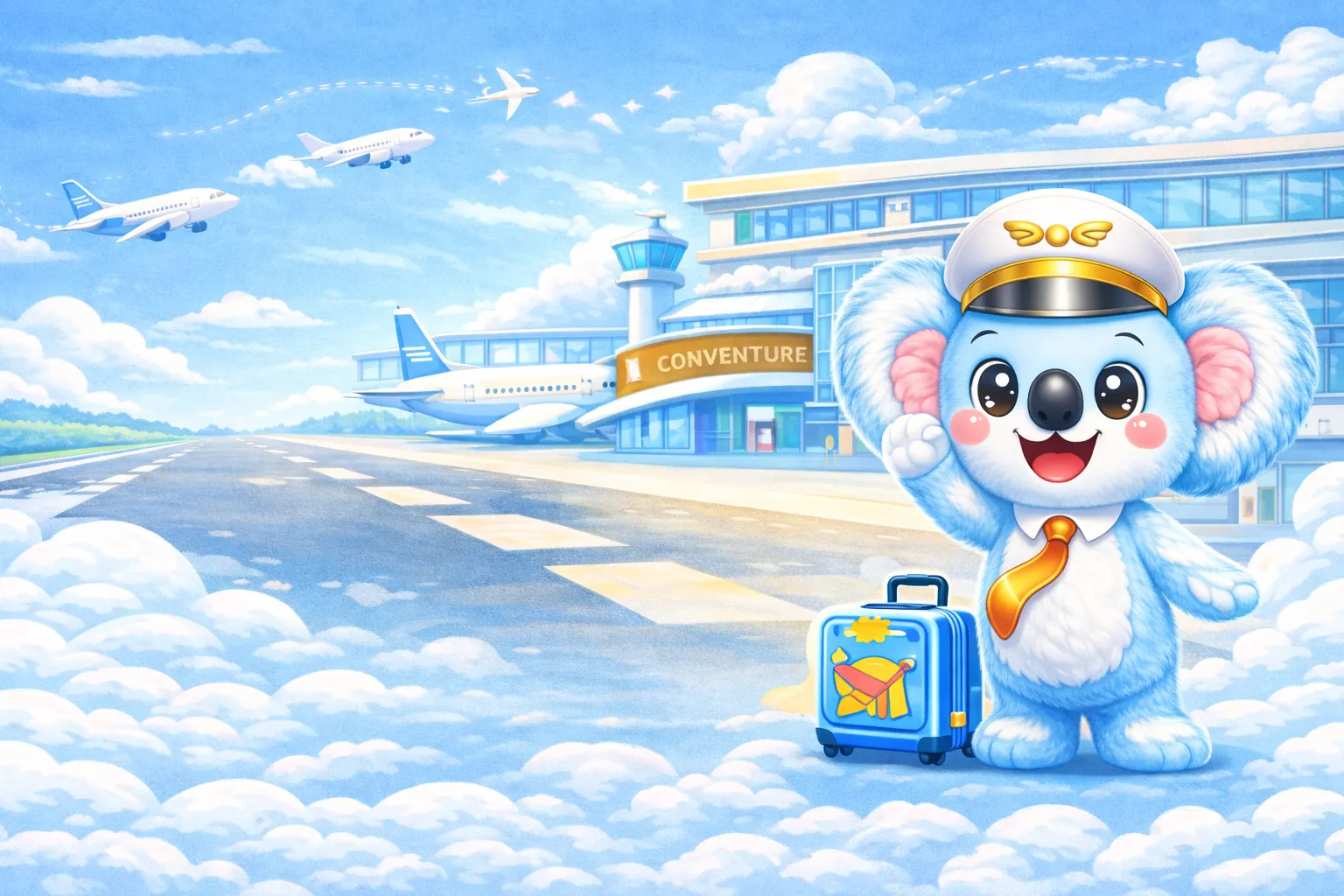 Captain Koko standing in the clouds outside the airport terminal
