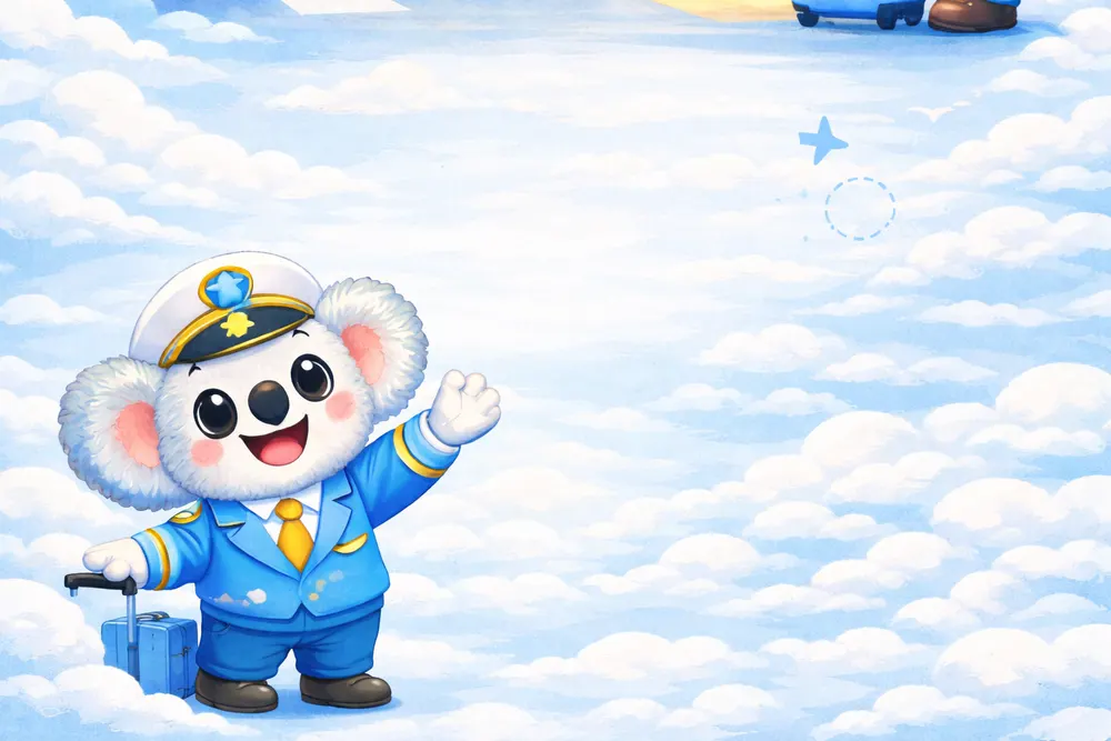 Captain Koko in a blue uniform waving in the clouds