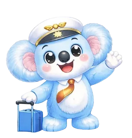 Captain Koko waving hello with his blue suitcase