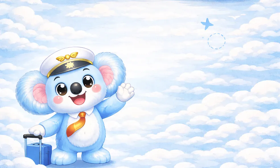 Captain Koko waving in the clouds with his suitcase