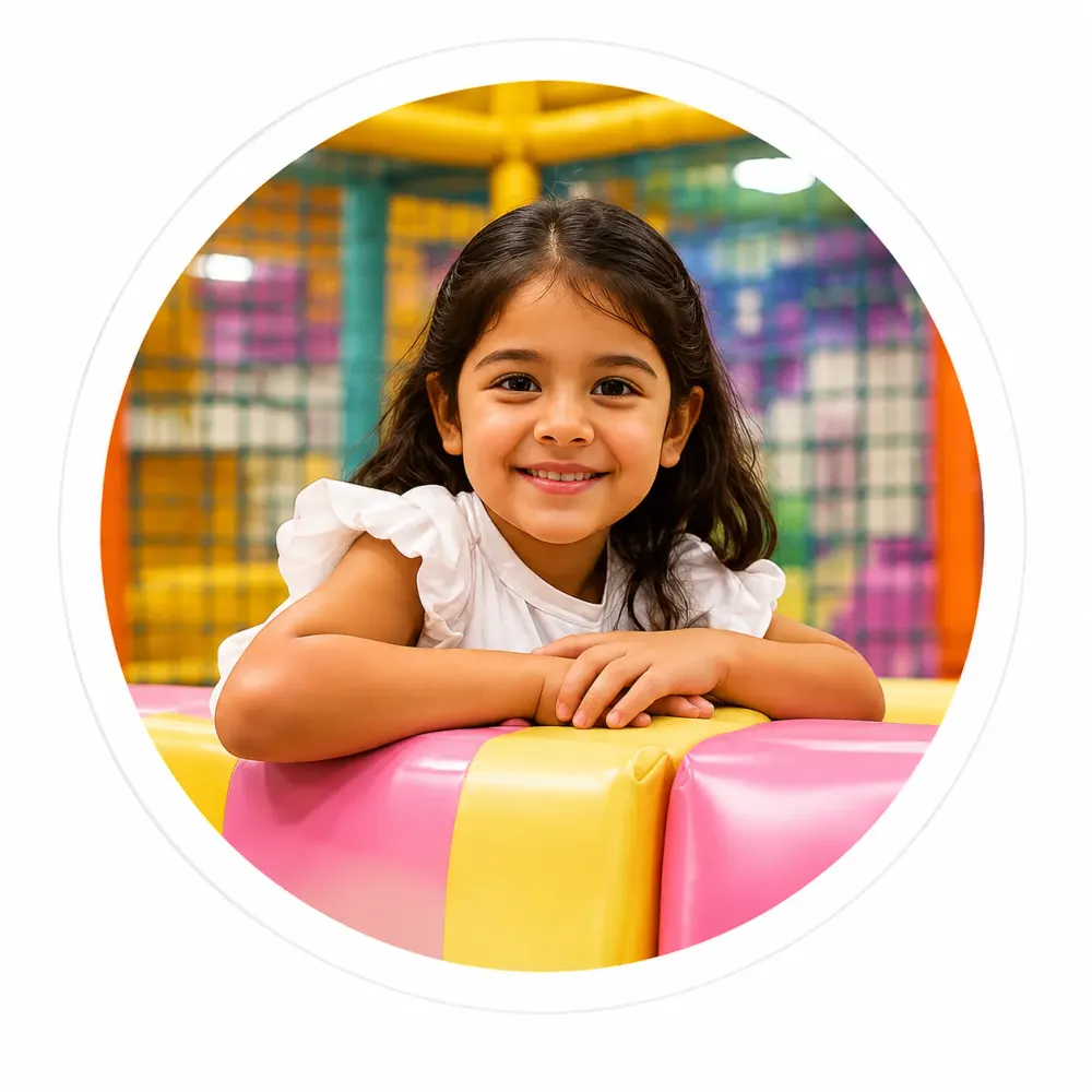 A smiling girl resting on a soft play cushion at Playport