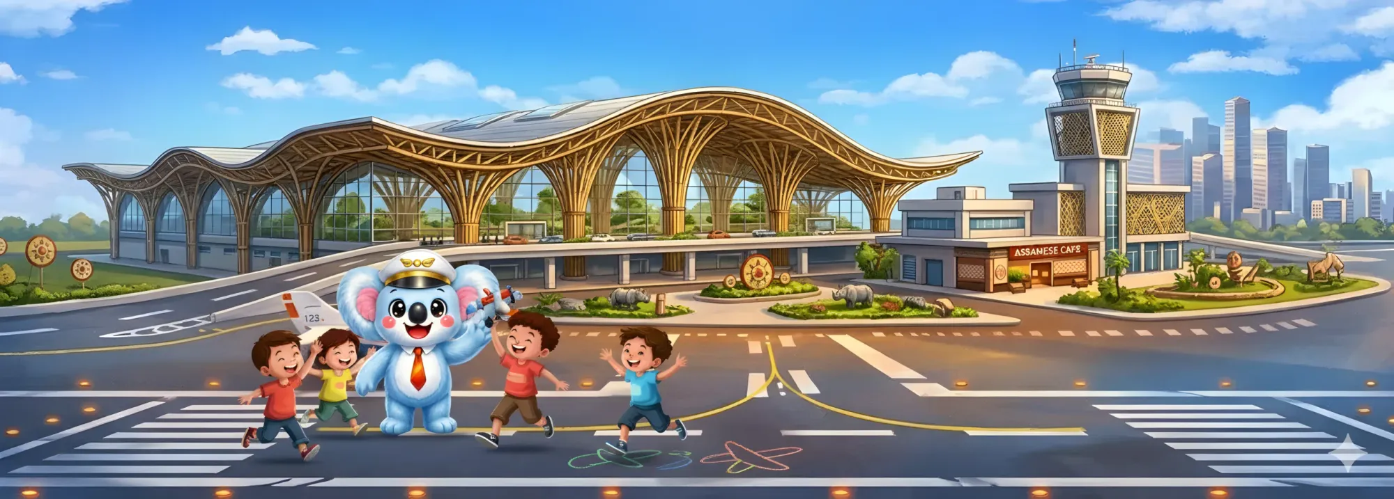 Illustration of Captain Koko with kids outside the bamboo-roofed Guwahati airport terminal