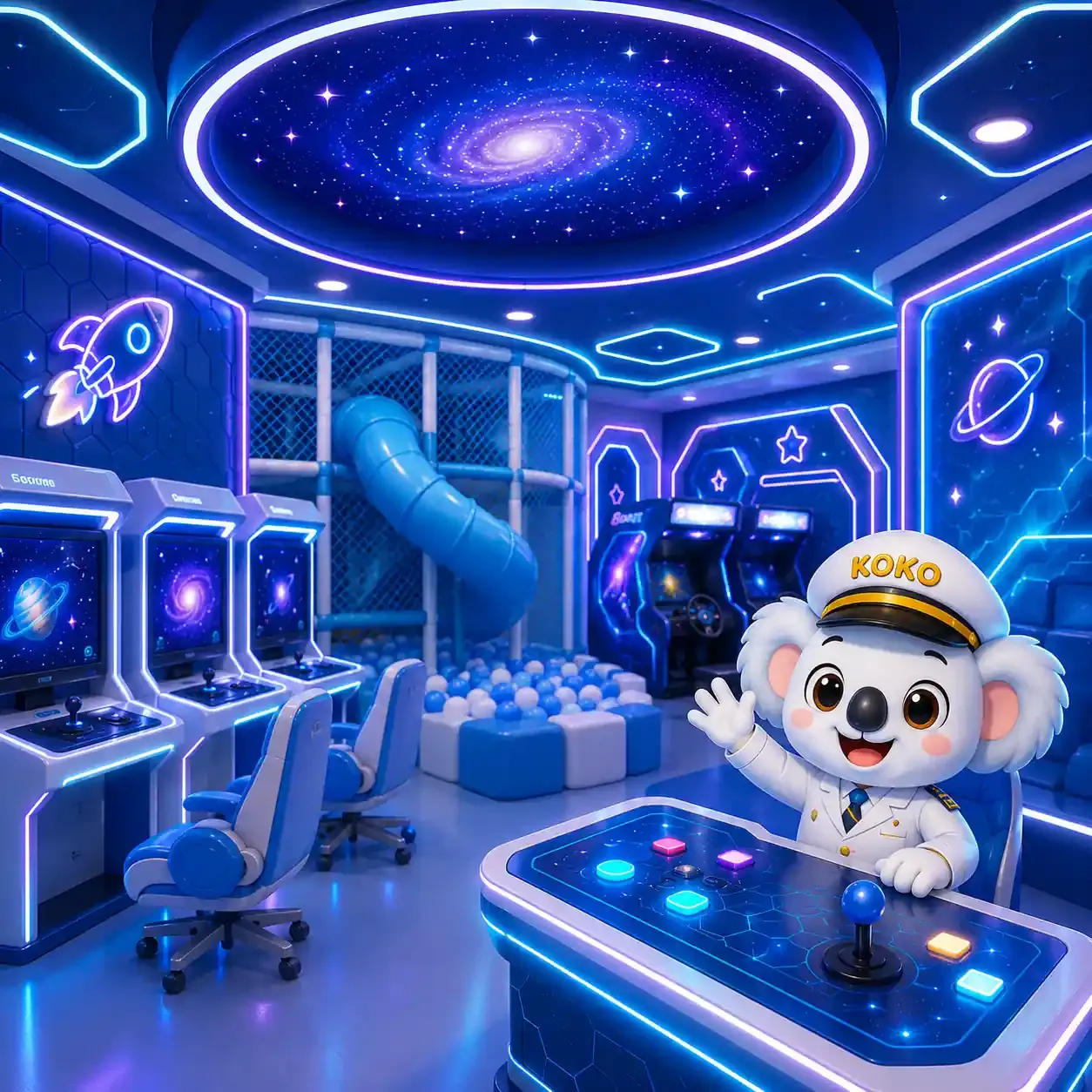 Koko’s Arcade Galaxy gaming zone at Playport Lounge with racing simulators, gaming stations and a space-themed ceiling