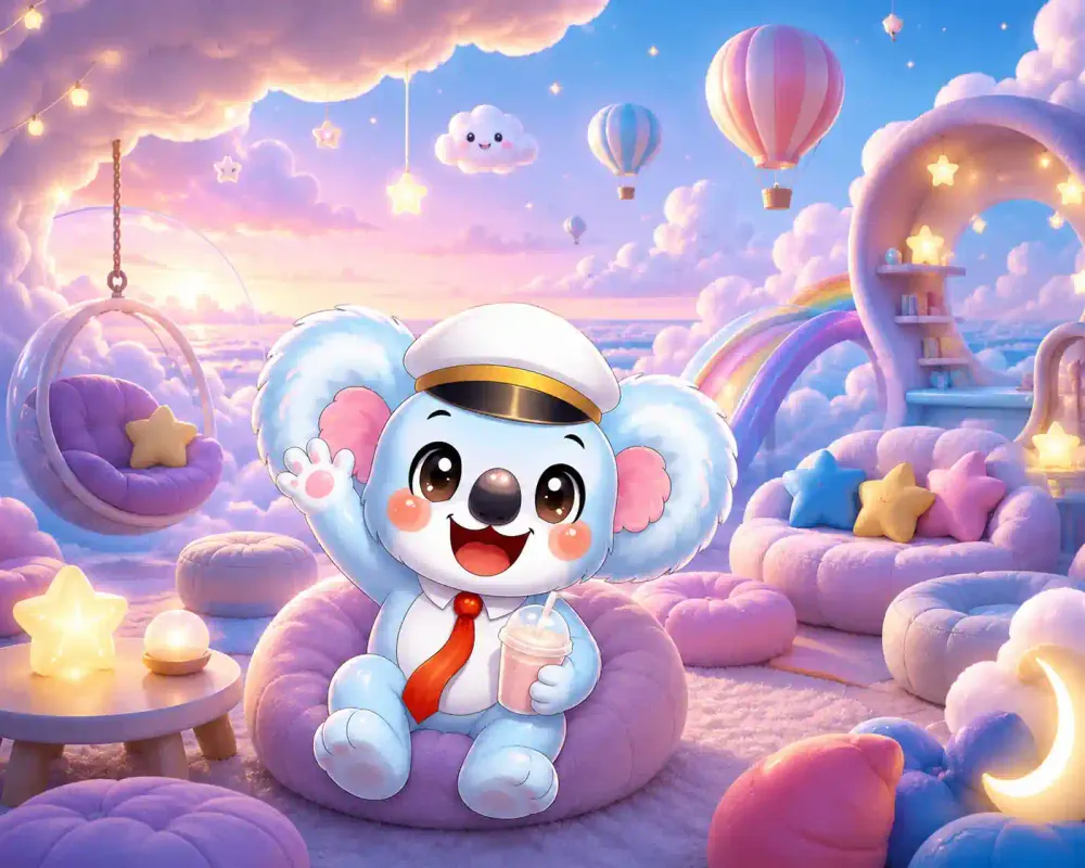 Captain Koko relaxing on a cloud cushion in Koko’s Cloud Lounge under a pastel sky with hot-air balloons