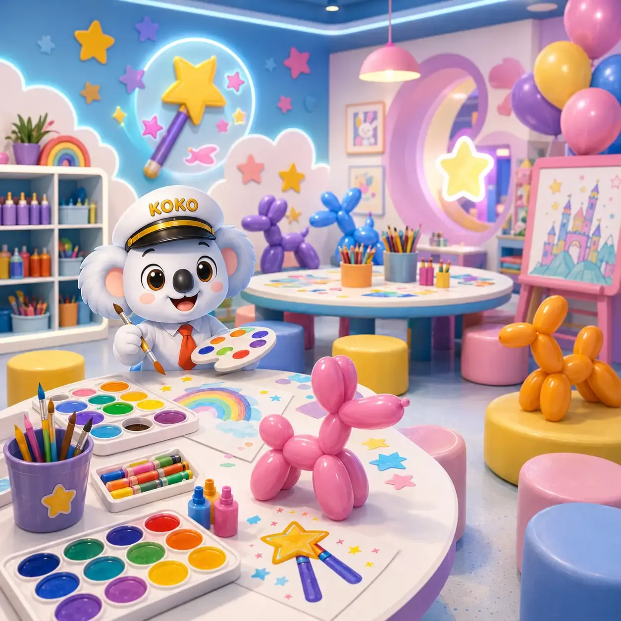 Koko’s Creative Corner art room at Playport Lounge with balloon sculptures, paints and craft tables
