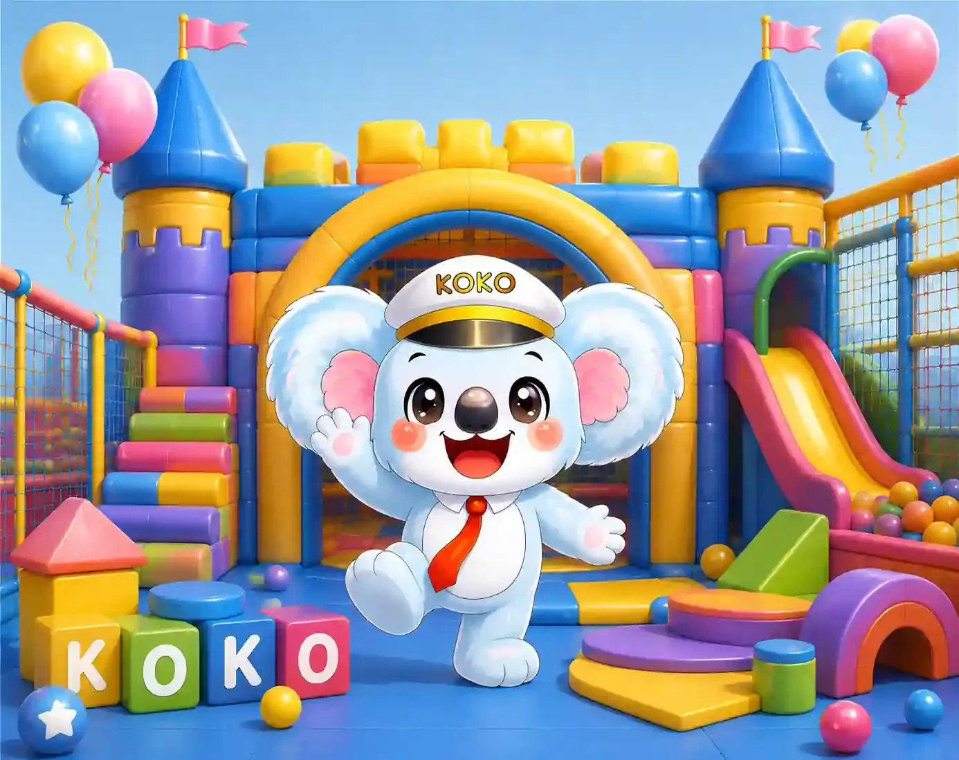 Captain Koko waving inside Koko’s Soft Play Castle with colourful foam blocks, slides and a bouncy castle