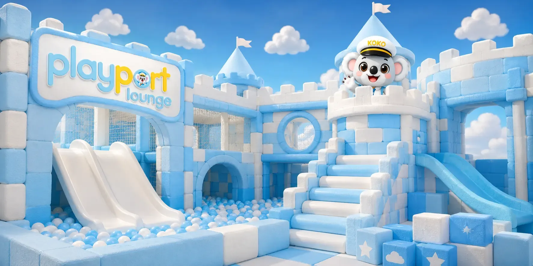 Koko’s Soft Play Castle at Playport Lounge, a white and sky-blue cushioned castle with safety slides and a ball pit