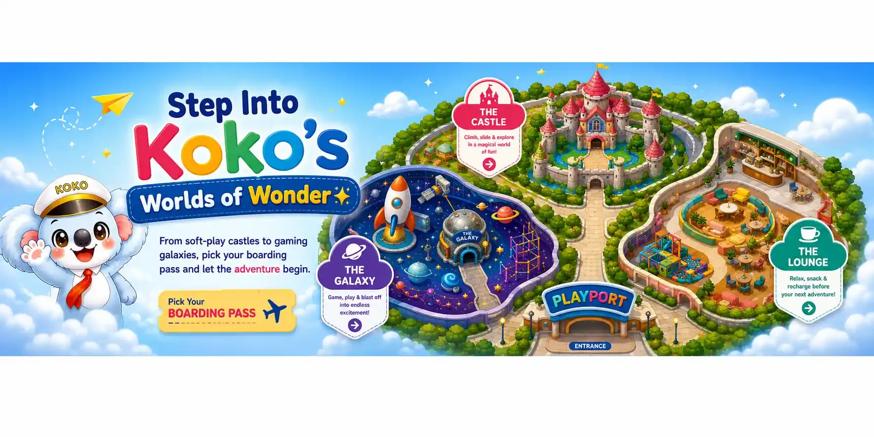 Map of Koko’s Worlds of Wonder showing the castle, the galaxy and the lounge around the Playport entrance