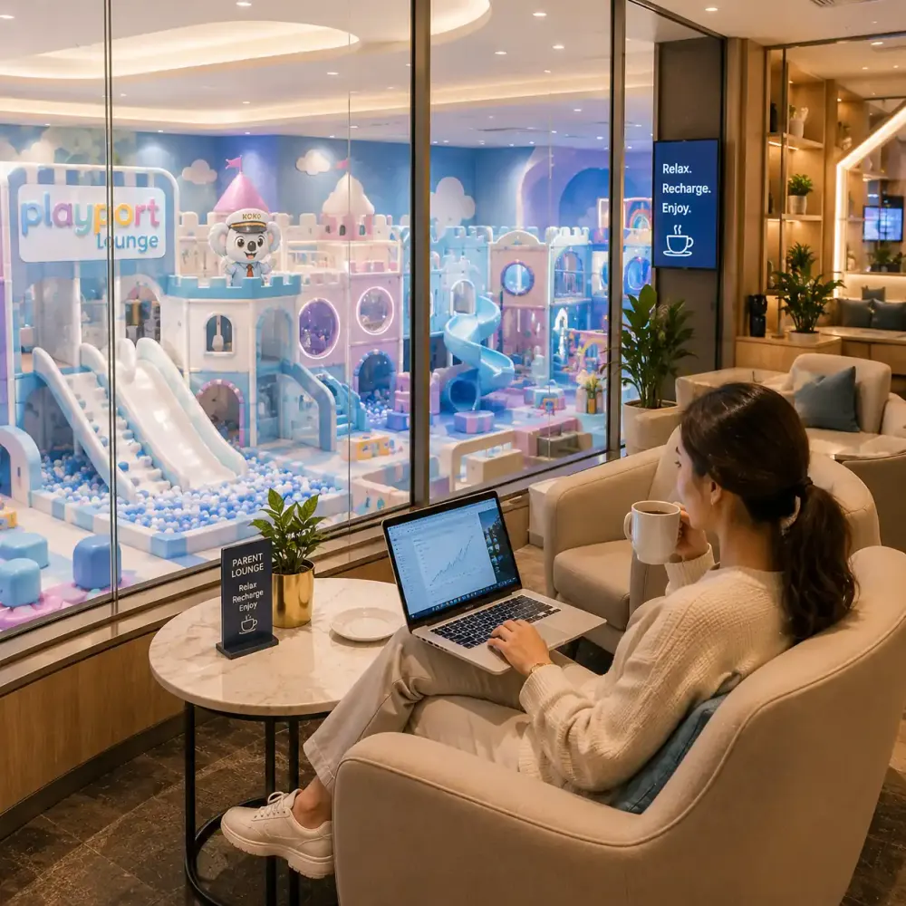 A parent relaxing with a laptop and coffee in Koko’s Cloud Lounge, watching the soft play castle through glass